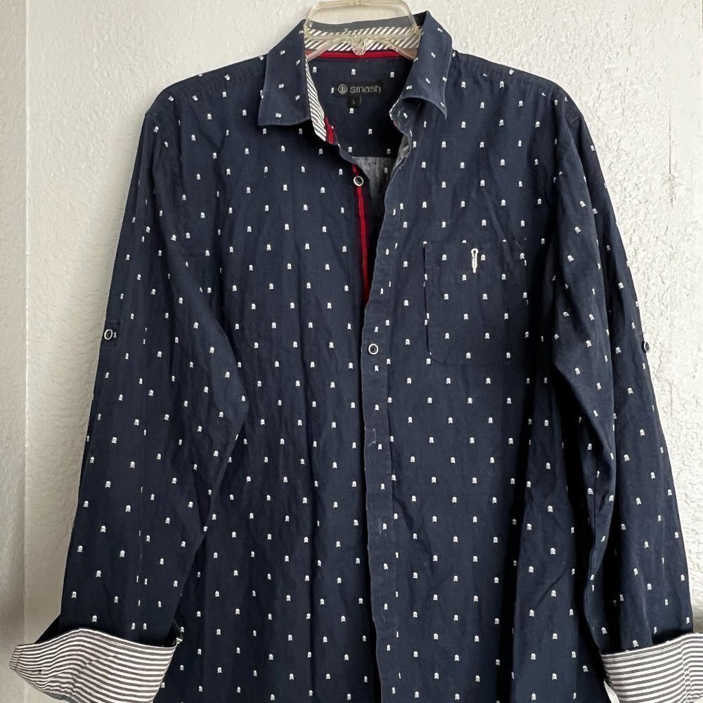 SMASH All Over Skull Print Men's Button Shirt Flip Cuff Navy Blue Size‎ Large